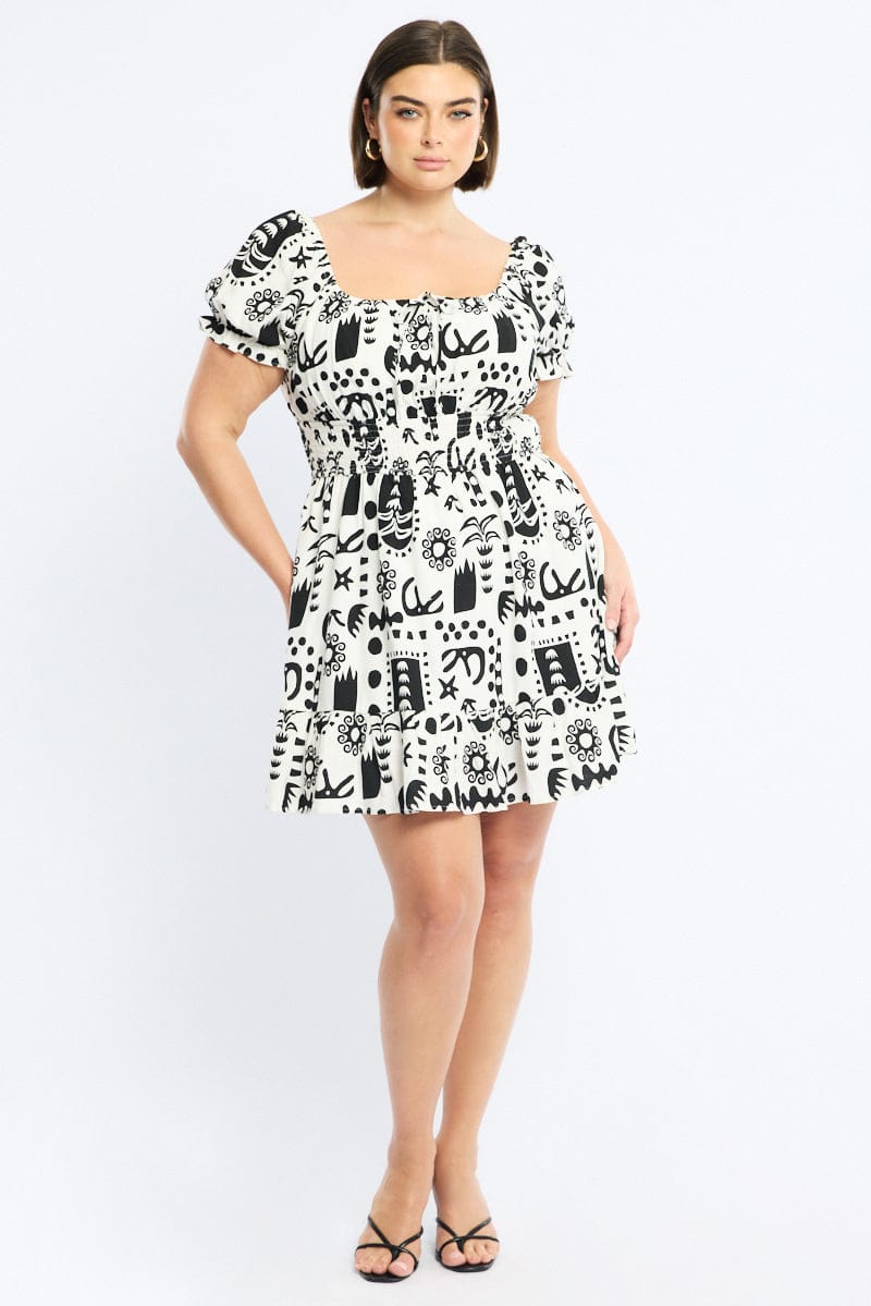 White Abstract Skater Dress Short Sleeve Ruched Bust for YouandAll Fashion