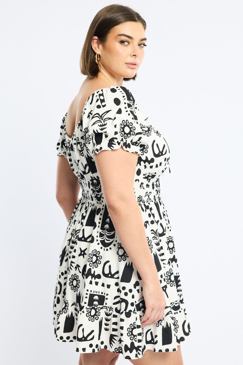 White Abstract Skater Dress Short Sleeve Ruched Bust for YouandAll Fashion