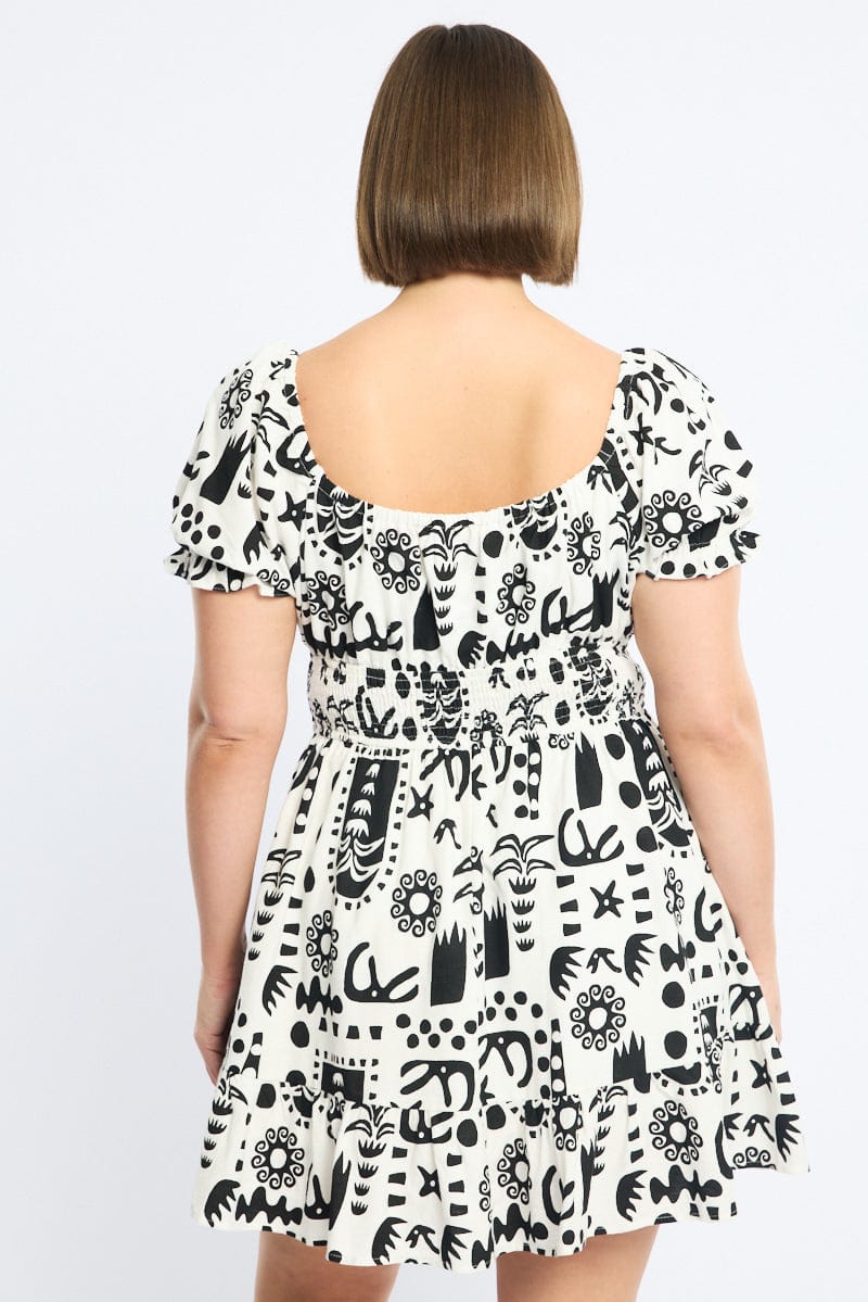 White Abstract Skater Dress Short Sleeve Ruched Bust for YouandAll Fashion