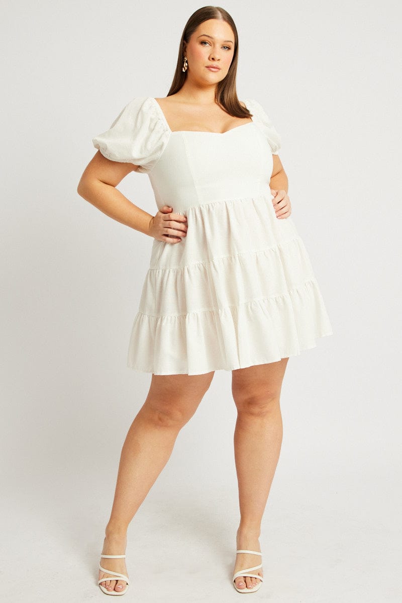 White Puff Sleeve Mini Dress Sweetheart Neck for YouandAll Fashion