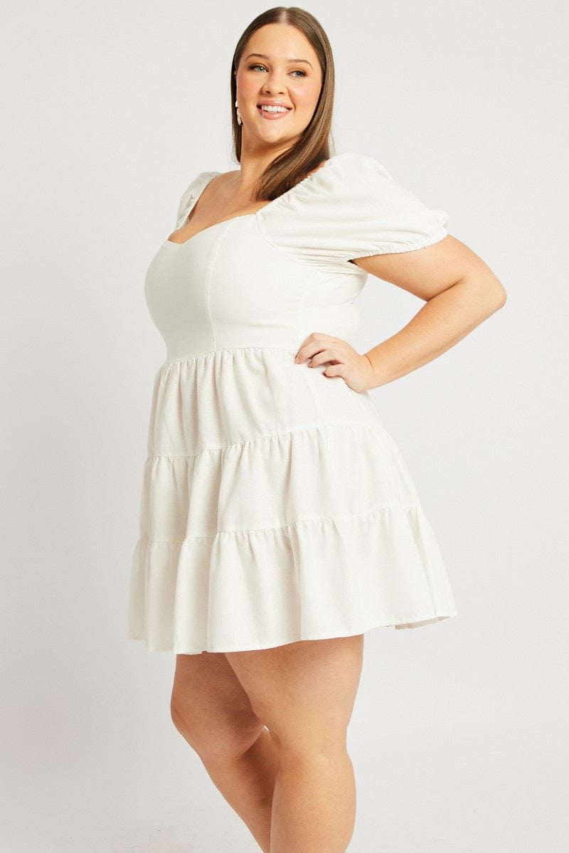 White Puff Sleeve Mini Dress Sweetheart Neck for YouandAll Fashion