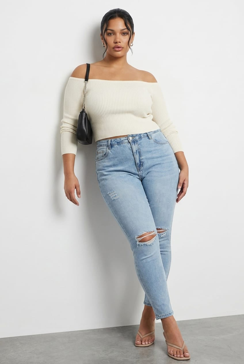 Blue Denim Jean High Rise One Slash Knee Skinny