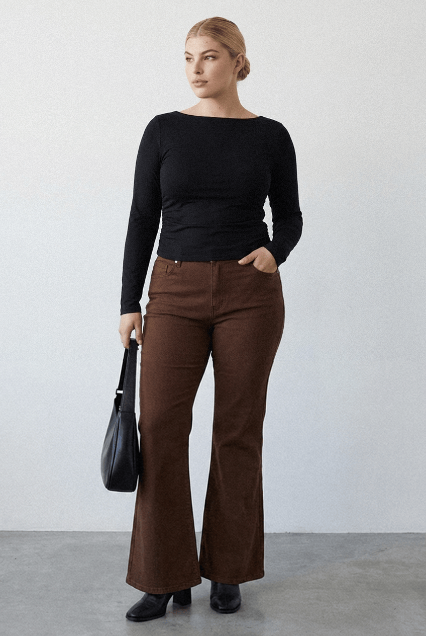 Brown Flare Denim Jeans High Rise