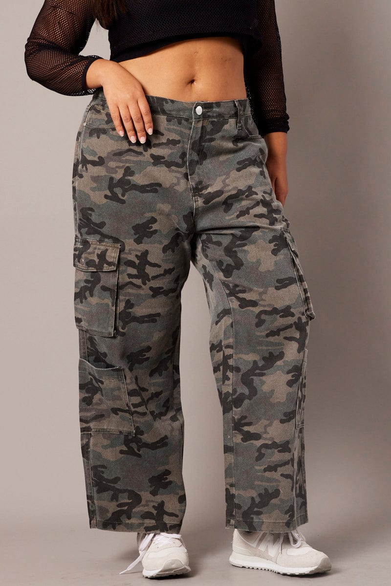 Green Abstract Cargo Jeans Mid Rise for YouandAll Fashion