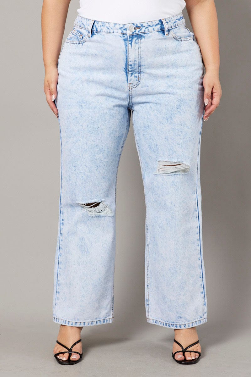 Denim Wide Leg Jeans High Rise Distress Details for YouandAll Fashion