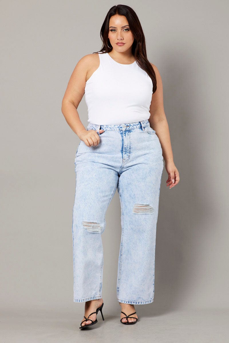 Denim Wide Leg Jeans High Rise Distress Details for YouandAll Fashion