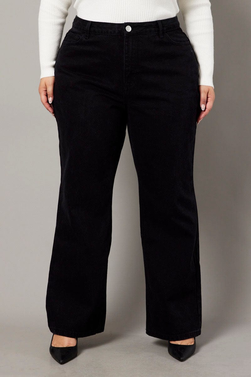 Black Wide Leg Jeans High Rise Distress Details for YouandAll Fashion