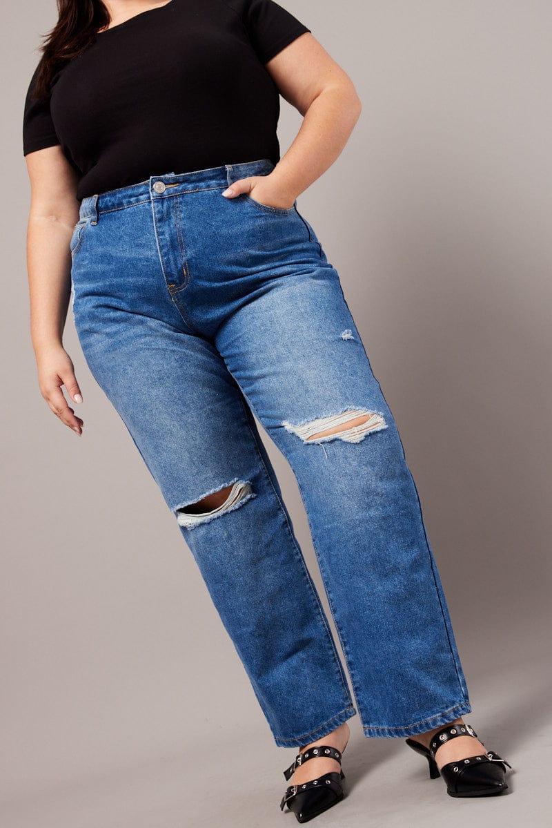 Denim Baggy Jeans High Rise Knee Distress for YouandAll Fashion