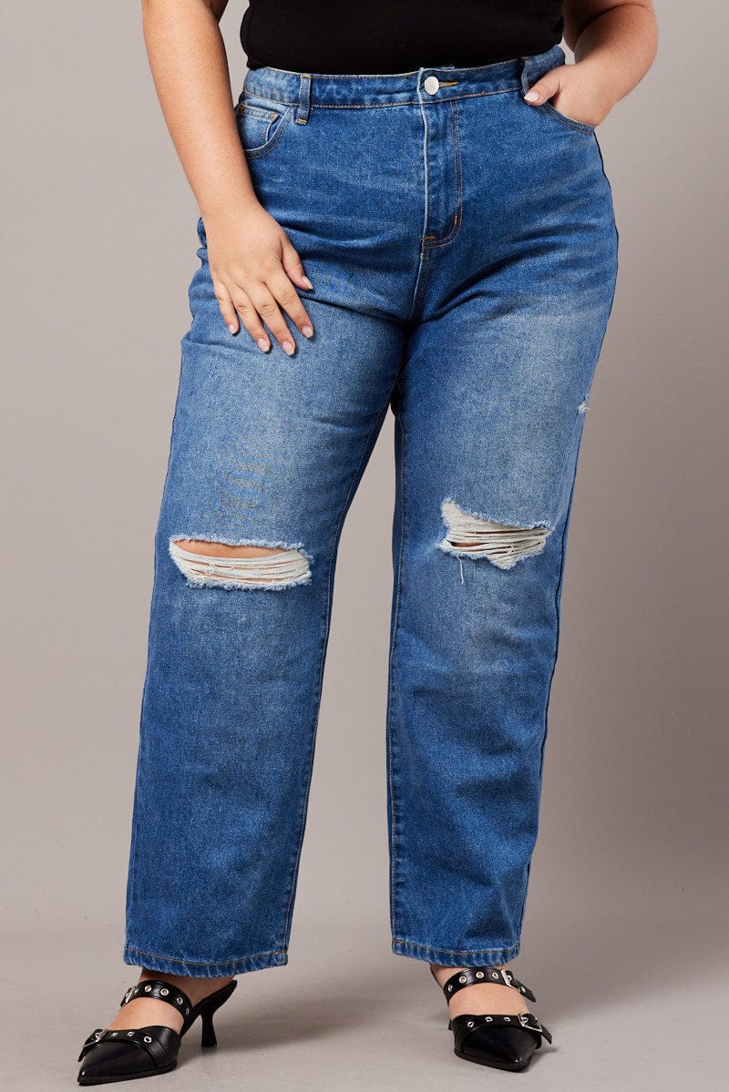 Denim Baggy Jeans High Rise Knee Distress for YouandAll Fashion