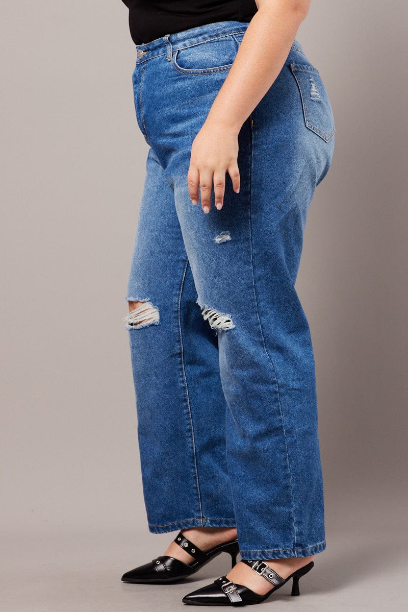 Denim Baggy Jeans High Rise Knee Distress for YouandAll Fashion