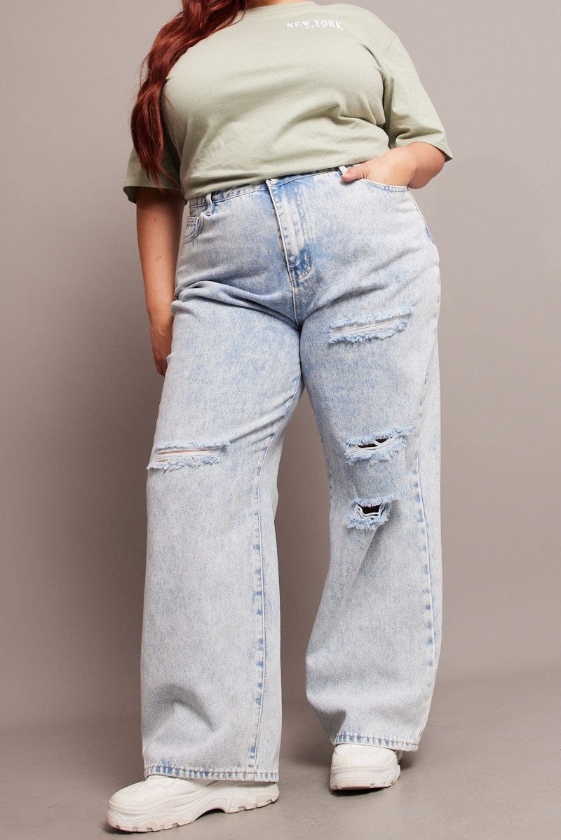 Denim Baggy Jeans High Rise Knee Distress for YouandAll Fashion