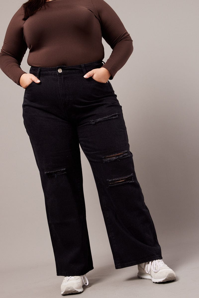Black Baggy Jeans High Rise Knee Distress for YouandAll Fashion