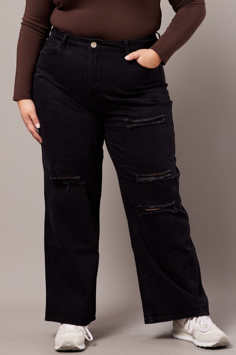 Black Baggy Jeans High Rise Knee Distress for YouandAll Fashion