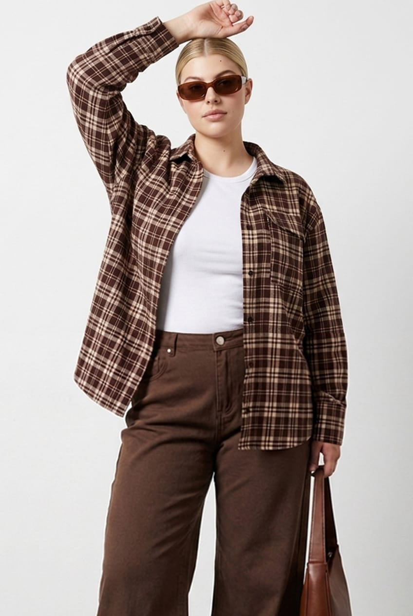 Brown Check Relaxed Shirt Long Sleeve