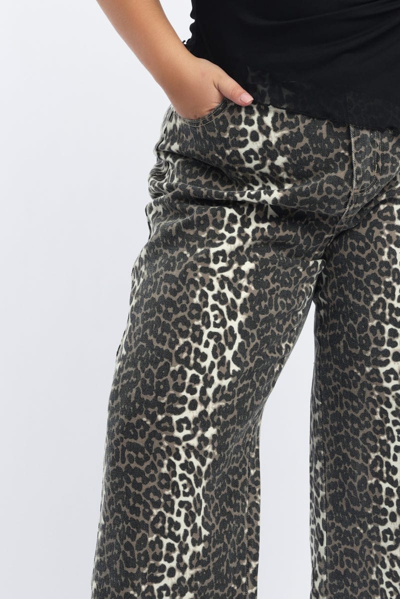 Brown Animal Print Baggy Jeans Mid Rise for YouandAll Fashion