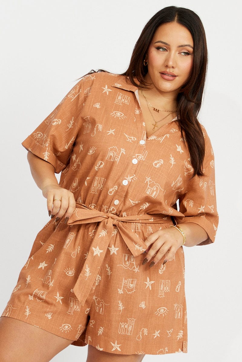 Brown Abstract Playsuit Short Sleeve Tie Waist for YouandAll Fashion