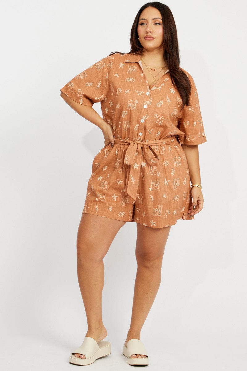 Brown Abstract Playsuit Short Sleeve Tie Waist for YouandAll Fashion