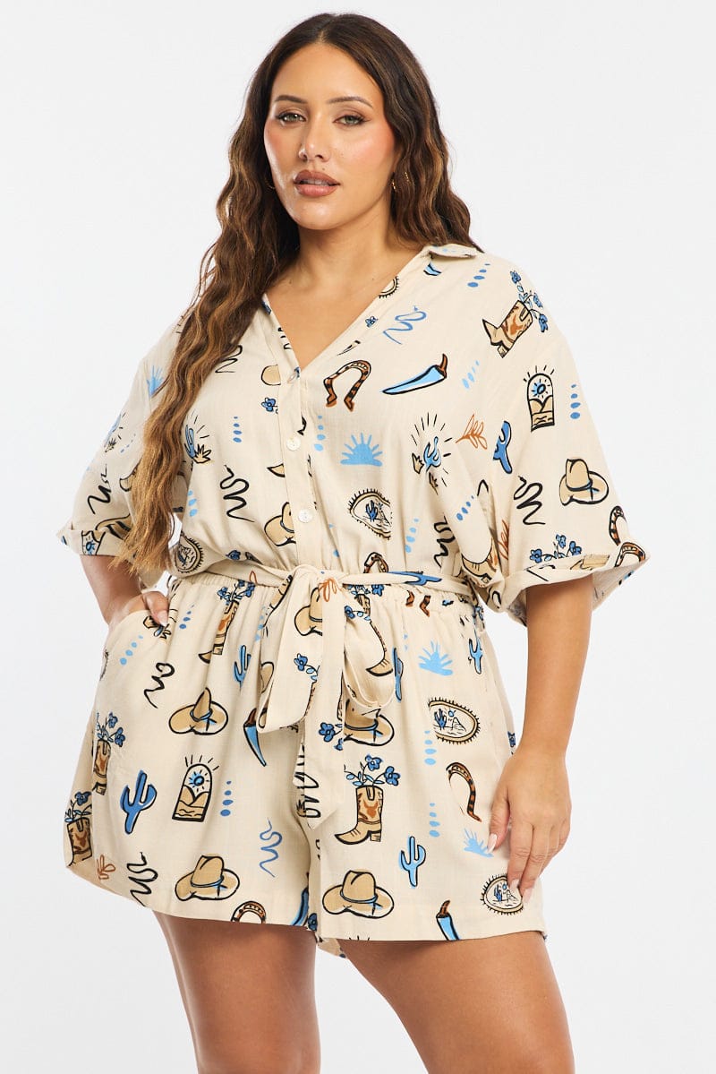 Beige Abstract Playsuit Short Sleeve Linen Blend for YouandAll Fashion