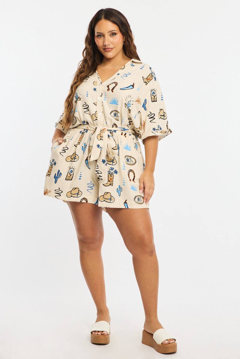 Beige Abstract Playsuit Short Sleeve Linen Blend for YouandAll Fashion