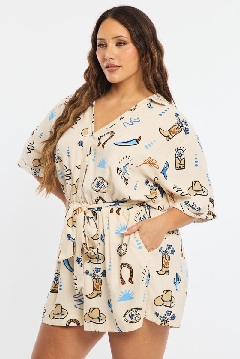 Beige Abstract Playsuit Short Sleeve Linen Blend for YouandAll Fashion