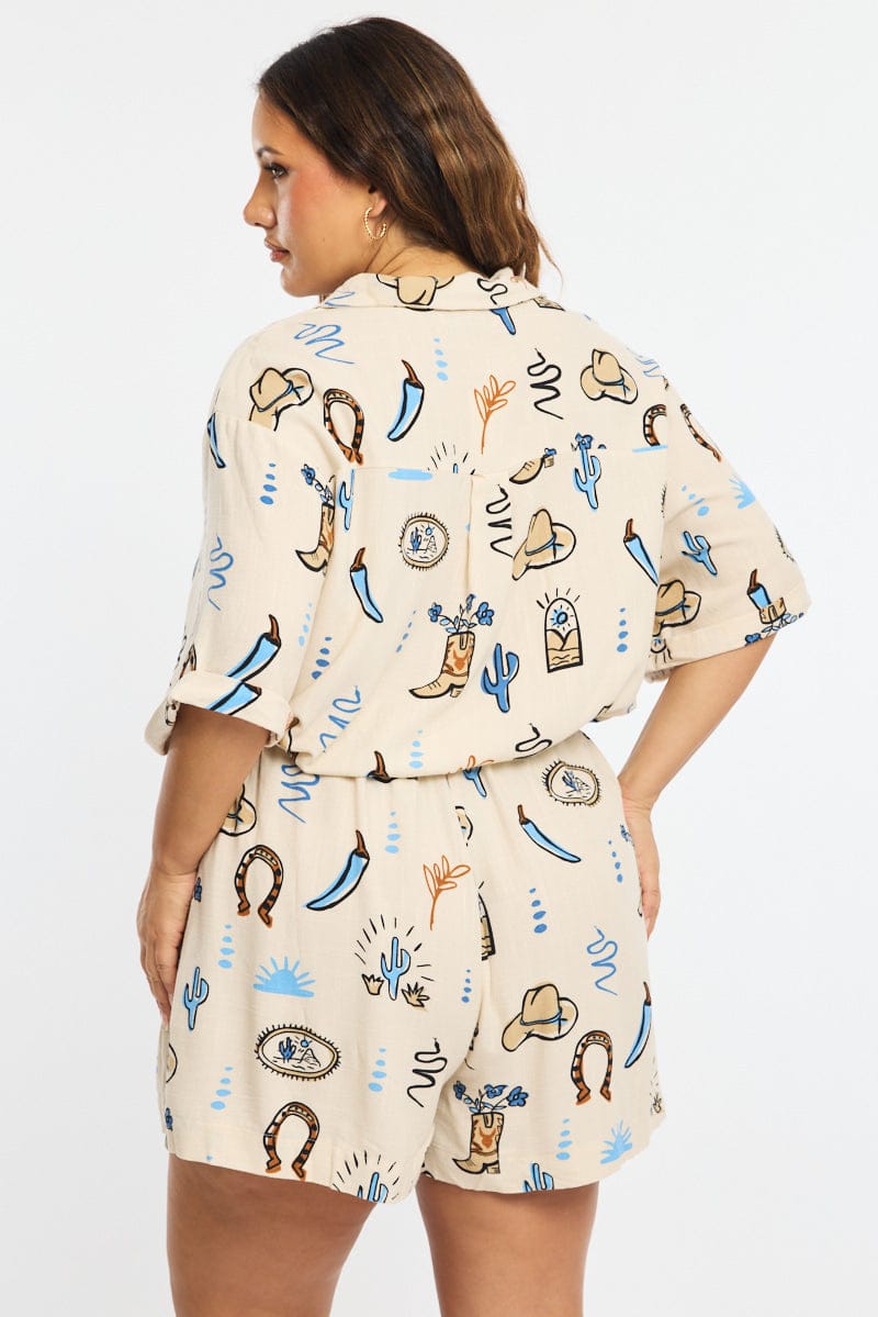 Beige Abstract Playsuit Short Sleeve Linen Blend for YouandAll Fashion