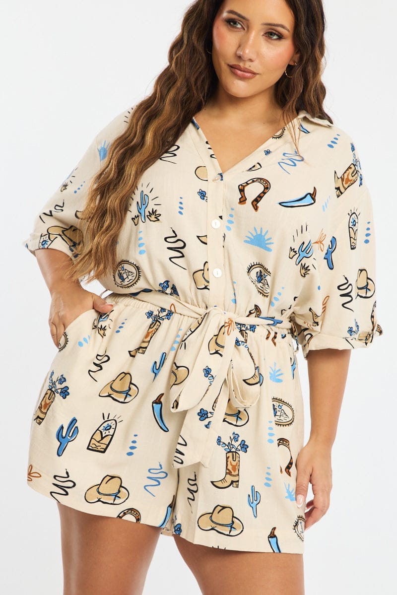 Beige Abstract Playsuit Short Sleeve Linen Blend for YouandAll Fashion