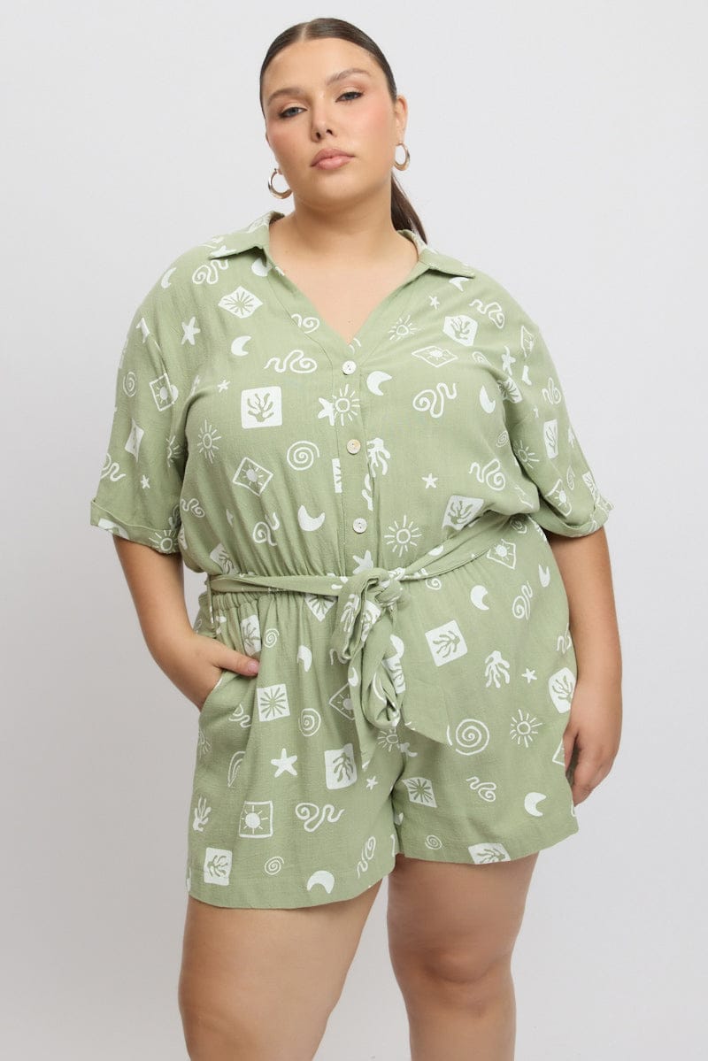 Green Abstract Playsuit Short Sleeve Waist Tie