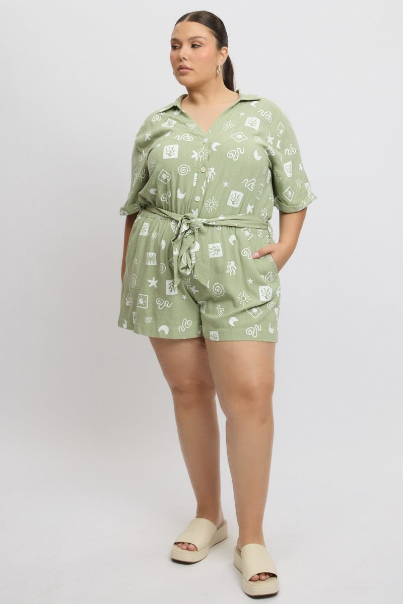 Green Abstract Playsuit Short Sleeve Waist Tie for YouandAll Fashion