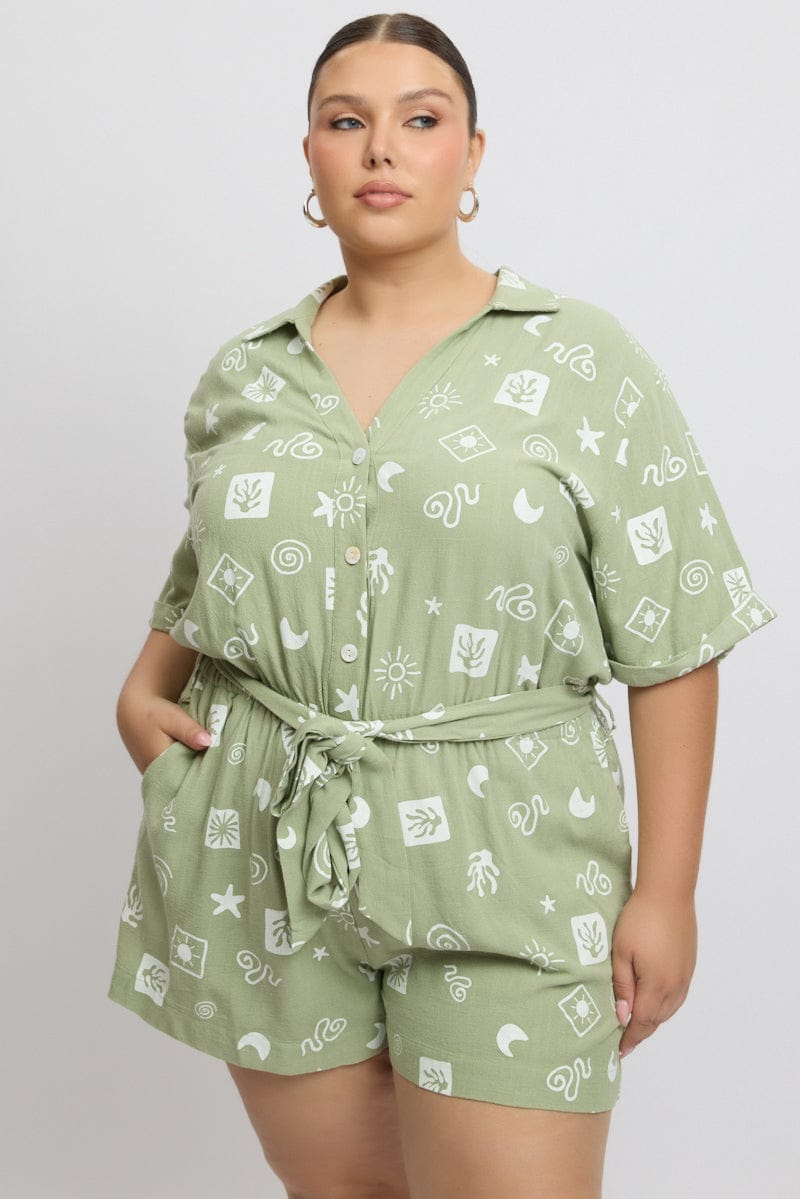 Green Abstract Playsuit Short Sleeve Waist Tie for YouandAll Fashion