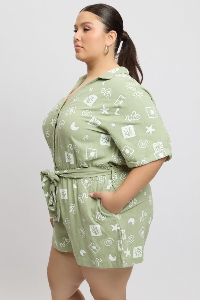 Green Abstract Playsuit Short Sleeve Waist Tie for YouandAll Fashion