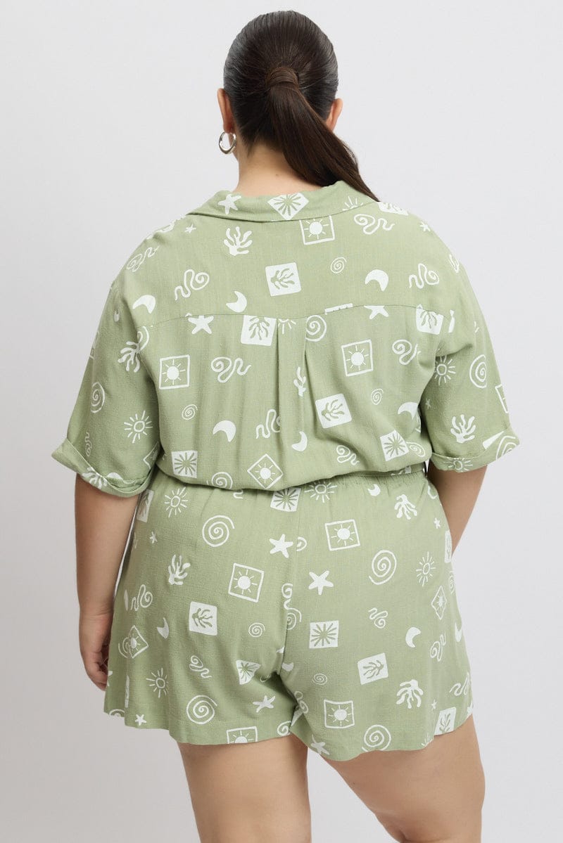 Green Abstract Playsuit Short Sleeve Waist Tie for YouandAll Fashion