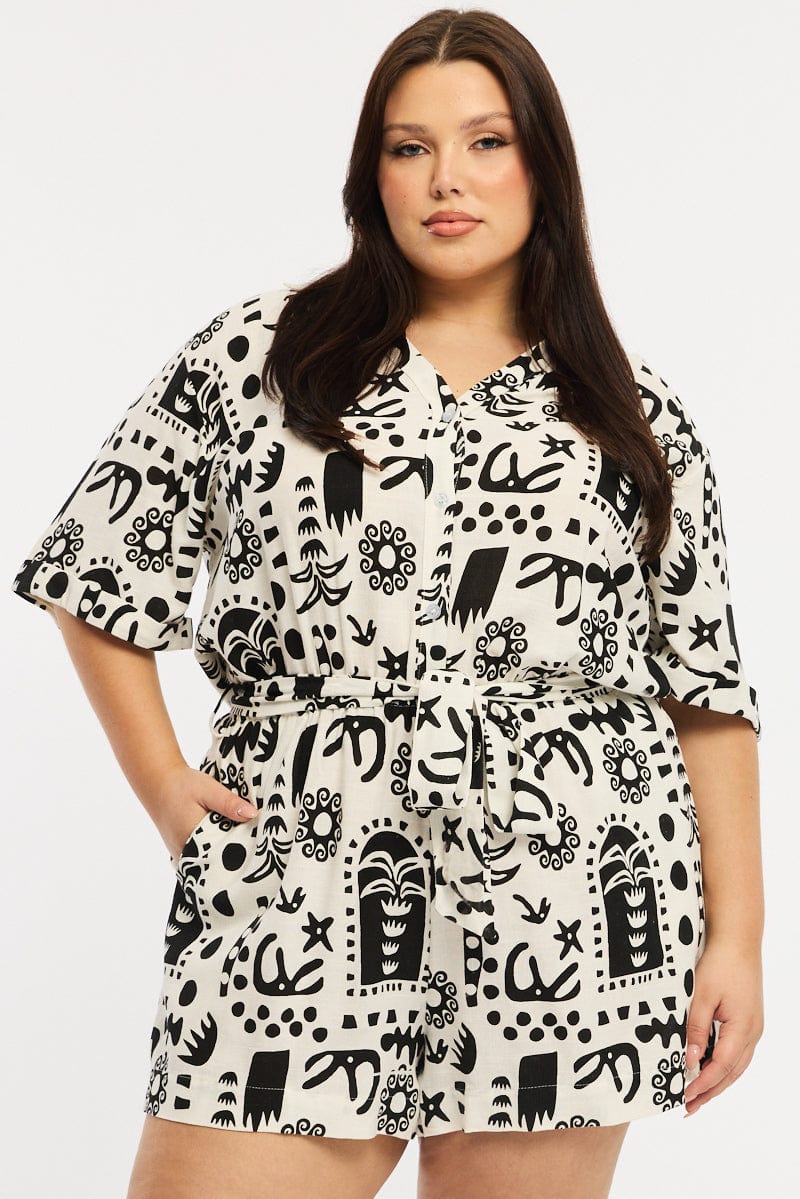 White Abstract Playsuit Short Sleeve Belted Linen Blend for YouandAll Fashion