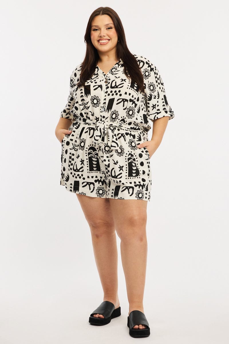 White Abstract Playsuit Short Sleeve Belted Linen Blend for YouandAll Fashion