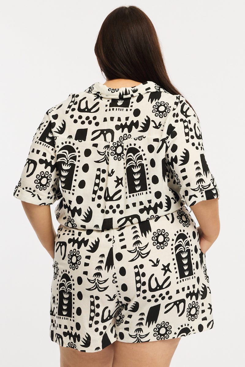 White Abstract Playsuit Short Sleeve Belted Linen Blend for YouandAll Fashion