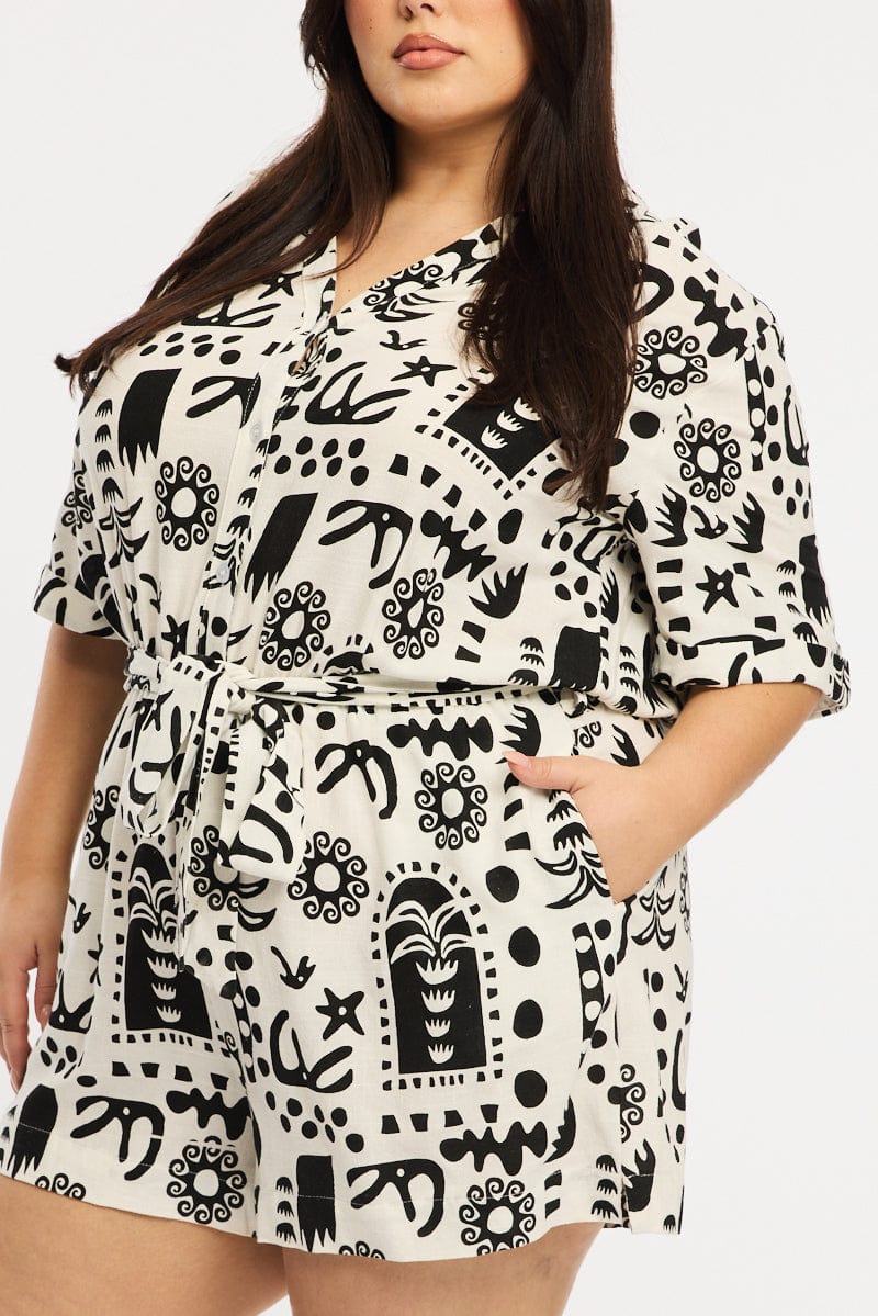 White Abstract Playsuit Short Sleeve Belted Linen Blend for YouandAll Fashion