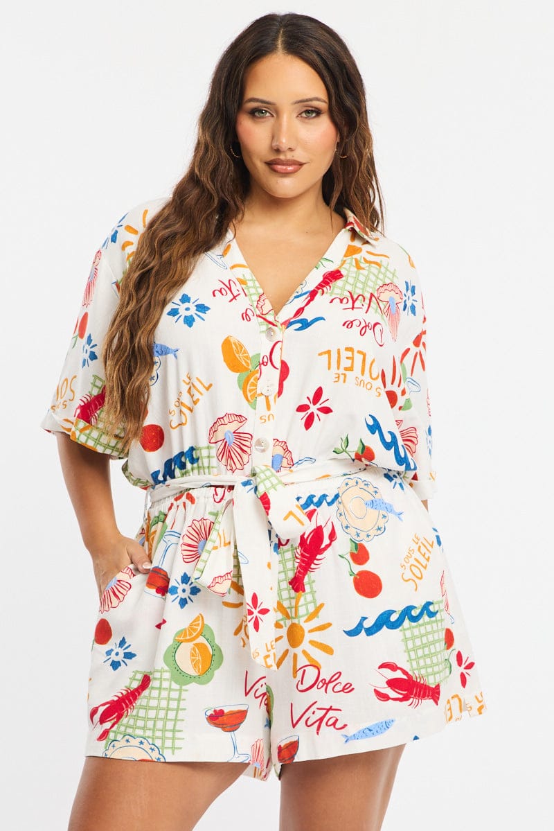 Multi Abstract Playsuit Short Sleeve Linen Blend for YouandAll Fashion