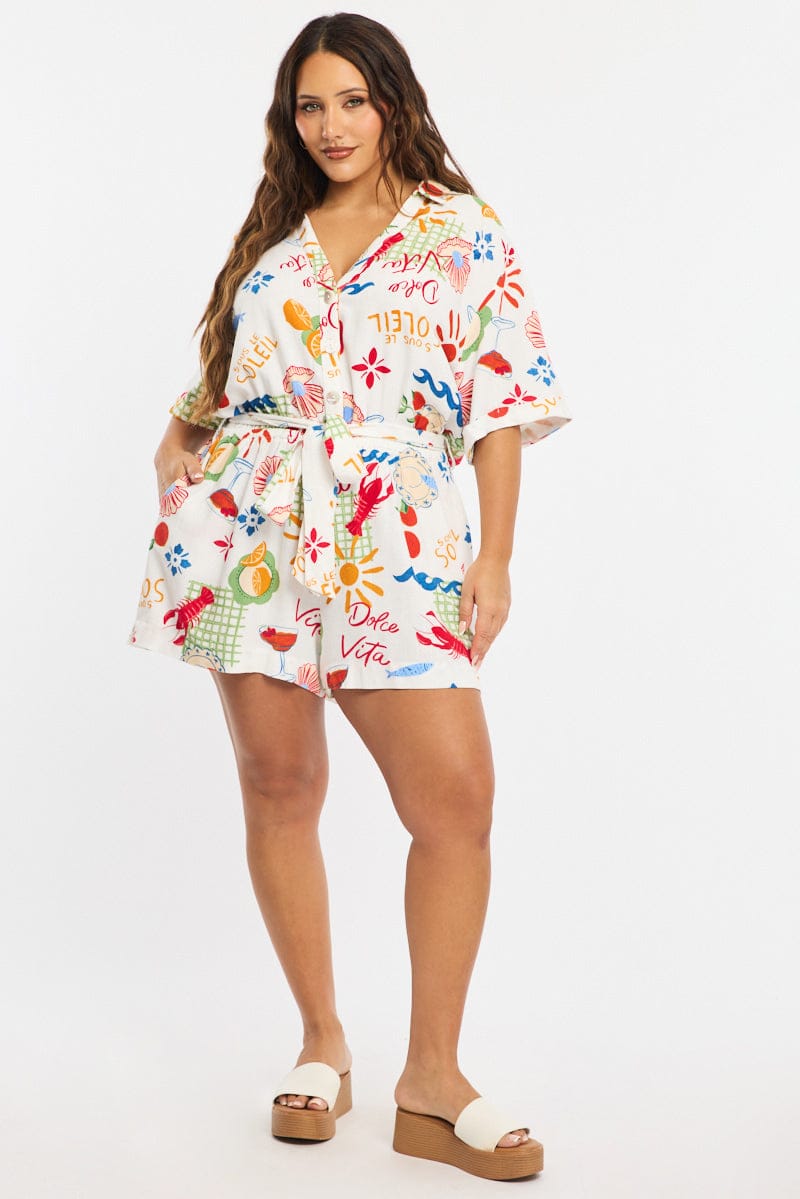 Multi Abstract Playsuit Short Sleeve Linen Blend for YouandAll Fashion