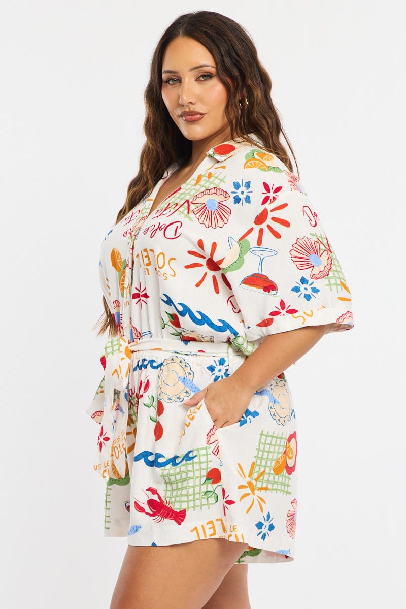 Multi Abstract Playsuit Short Sleeve Linen Blend for YouandAll Fashion