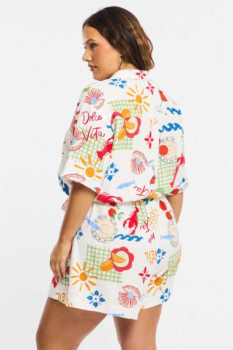 Multi Abstract Playsuit Short Sleeve Linen Blend for YouandAll Fashion