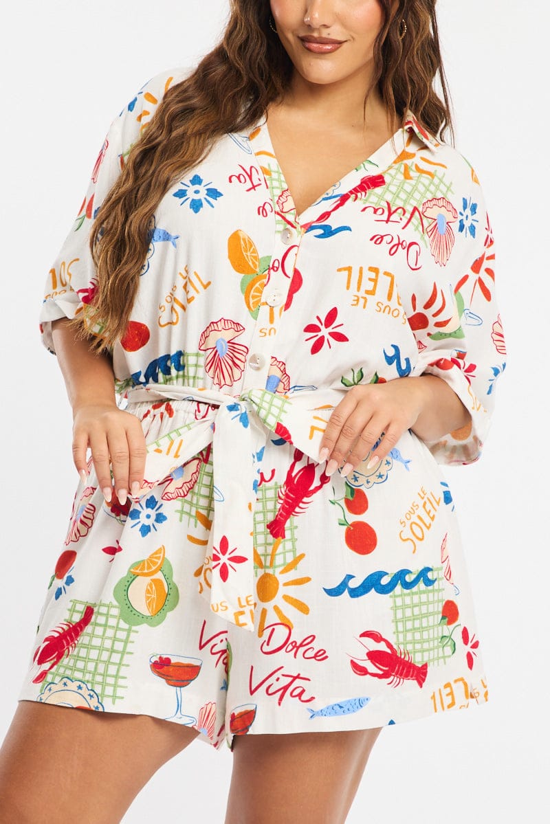Multi Abstract Playsuit Short Sleeve Linen Blend for YouandAll Fashion