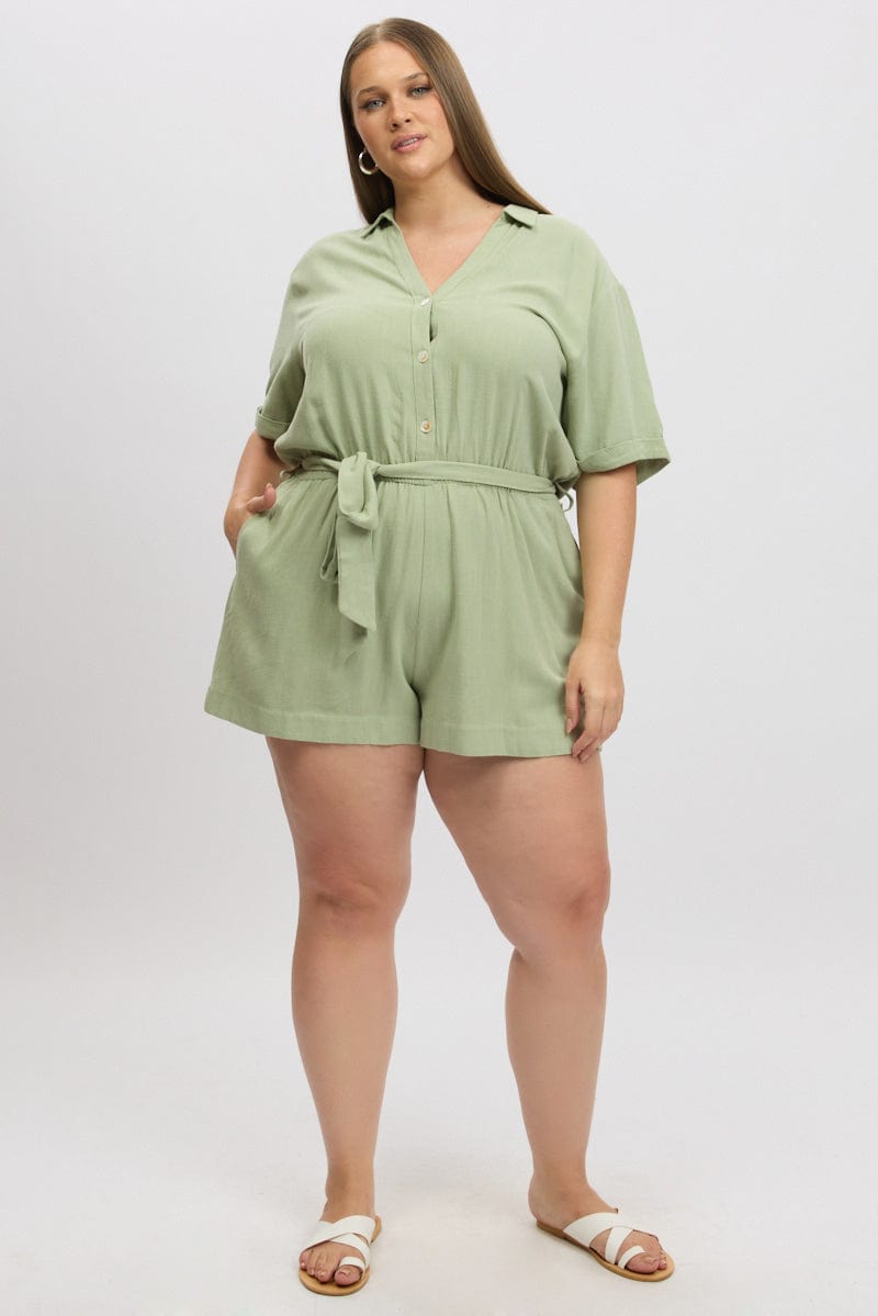 Green Playsuit Short Sleeve Linen Blend for YouandAll Fashion