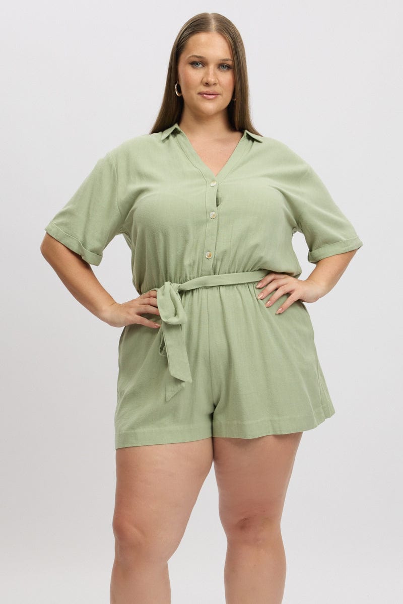 Green Playsuit Short Sleeve Linen Blend for YouandAll Fashion