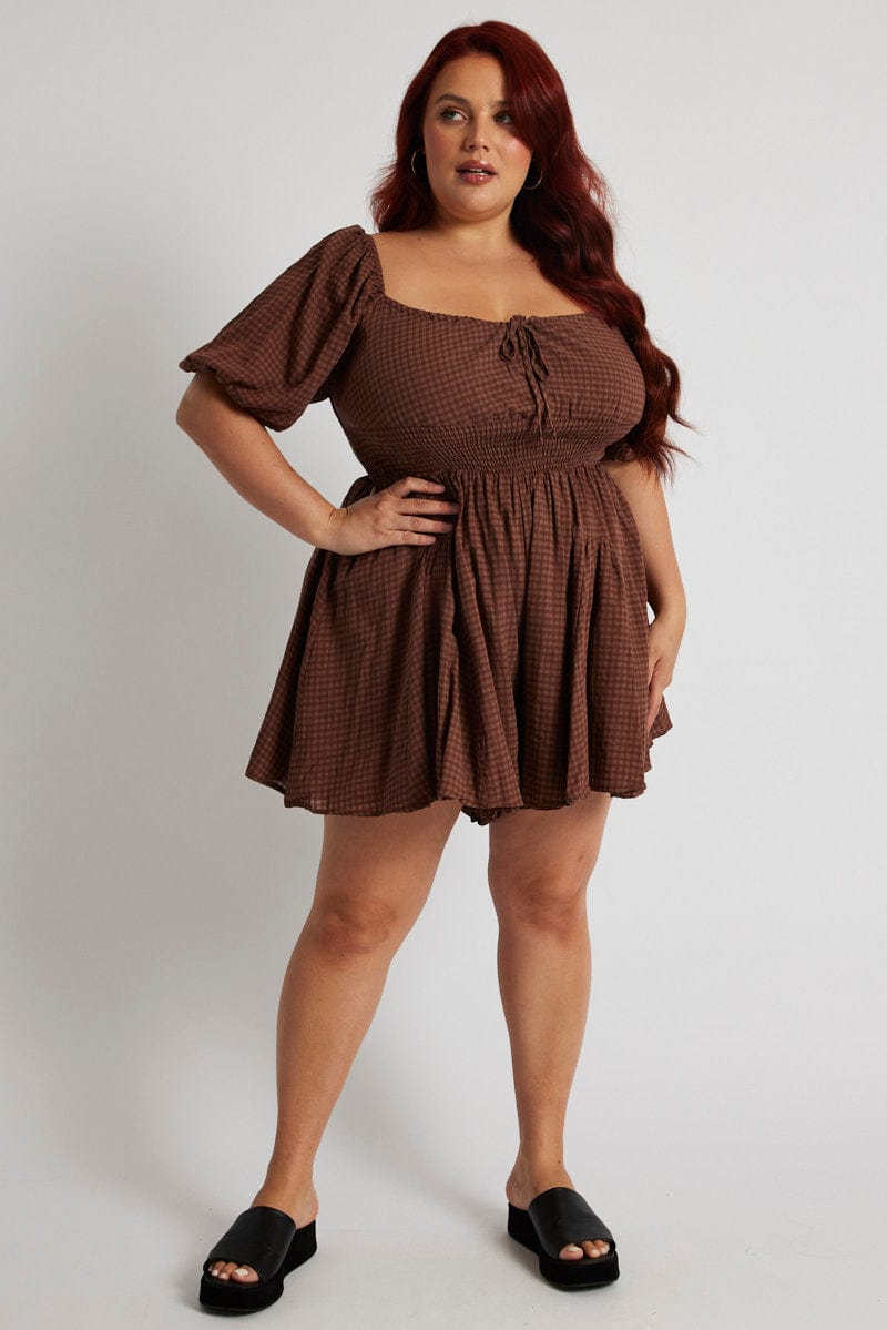 Brown Ruffle Playsuit Short Sleeve Self Check for YouandAll Fashion