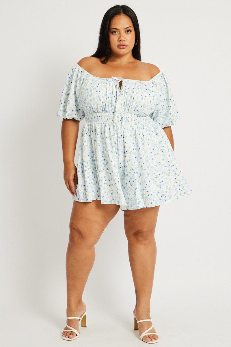 Blue Ditsy Ruched Playsuit Short Sleeve for YouandAll Fashion