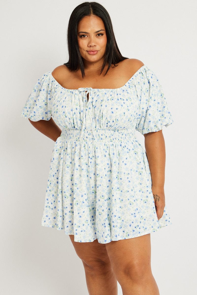 Blue Ditsy Ruched Playsuit Short Sleeve for YouandAll Fashion