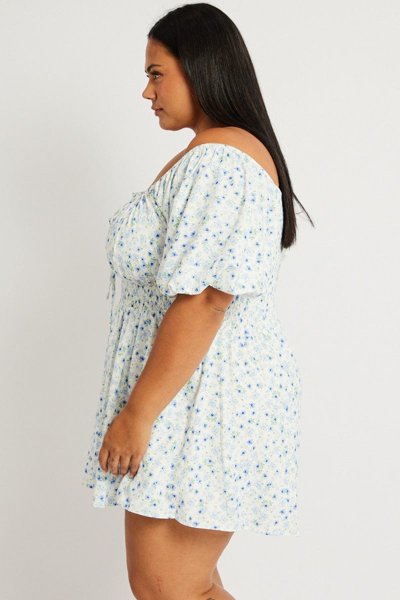 Blue Ditsy Ruched Playsuit Short Sleeve for YouandAll Fashion