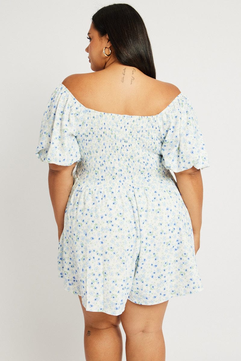 Blue Ditsy Ruched Playsuit Short Sleeve for YouandAll Fashion