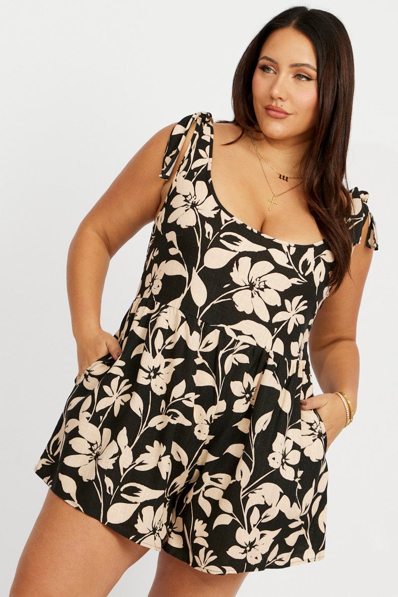 Black Floral Playsuit Sleeveless Linen Blend for YouandAll Fashion