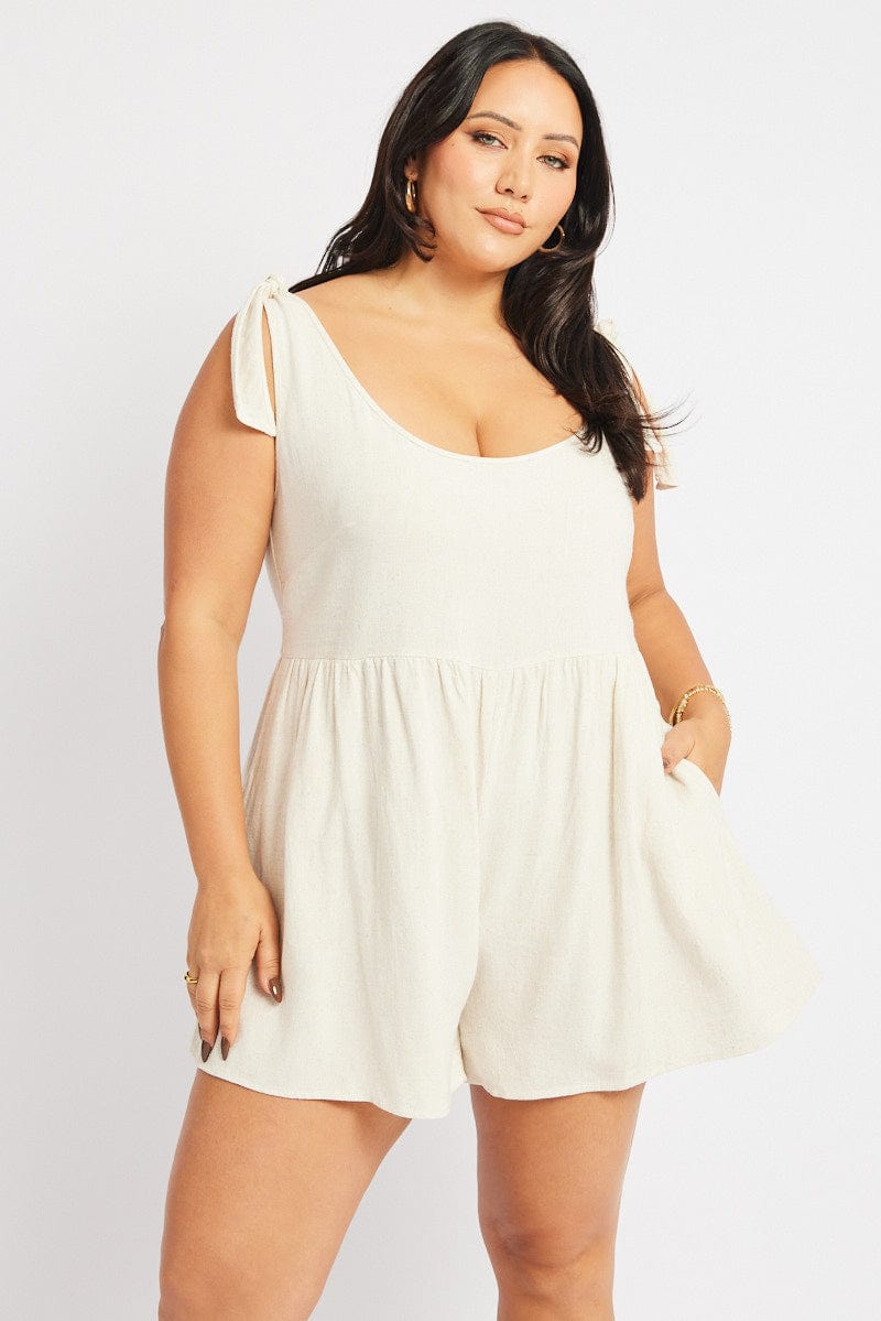 Beige Playsuit Sleeveless Tie Shoulder Linen Blend for YouandAll Fashion