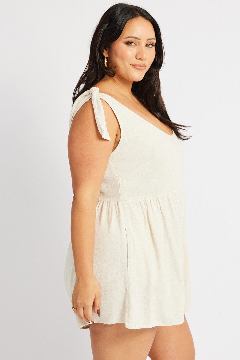 Beige Playsuit Sleeveless Tie Shoulder Linen Blend for YouandAll Fashion